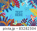 Jungle Tropical Background with plays For Text. Illustration of a jungle landscape background, with ornaments made with leaves and flowers of tropical plants and trees 83282304