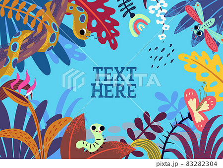 Jungle Tropical Background with plays For Text. Illustration of a jungle landscape background, with ornaments made with leaves and flowers of tropical plants and trees 83282304