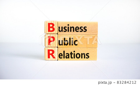 BPR business public relations symbol. Concept words BPR business public relations on blocks on a beautiful white table, white background. Business, BPR business public relations concept. Copy space. 83284212