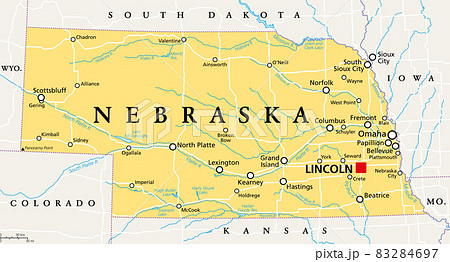 Nebraska, NE, political map with the capital Lincoln and the largest city Omaha. Triply landlocked State in the Midwestern subregion of the United States of America, nicknamed Cornhusker State. Vector 83284697