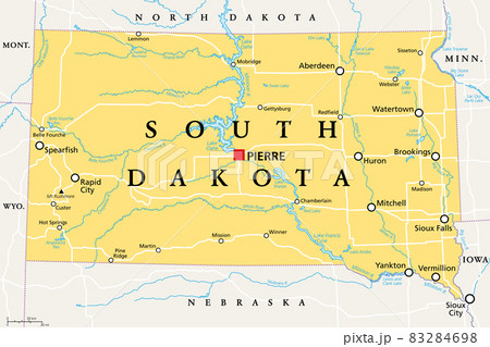 South Dakota, SD, political map, with capital Pierre, and largest city Sioux Falls. State in the upper Midwestern subregion of the United States of America, nicknamed The Mount Rushmore State. Vector. 83284698