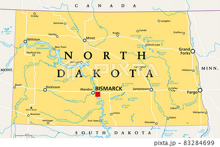 North Dakota, ND, political map, with capital Bismarck. State in the upper Midwest subregion of the United States of America, nicknamed Peace Garden State, Roughrider State and Heaven on Earth. Vector North Dakota, ND, political map, with capital Bismarck. State in the upper Midwest subregion of the United States of America, nicknamed Peace Garden State, Roughrider State and Heaven on Earth. Vector 83284699
