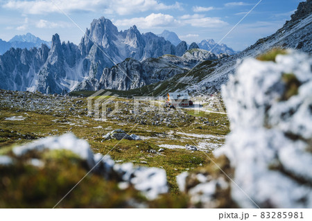 Rifugio Lavaredo with Cadini di Misurina mountain group in background. Dolomites at the Cime di Lavaredo, Italy Rifugio Lavaredo with Cadini di Misurina mountain group in background. Dolomites at the Cime di Lavaredo, Italy 83285981