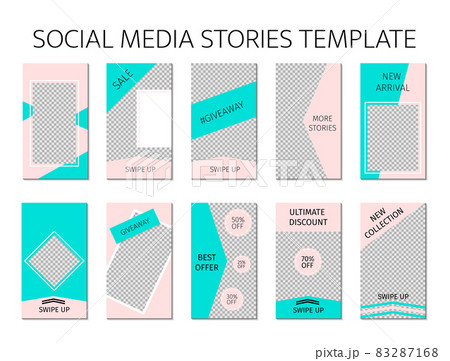 Social media stories template. Set of 10 story layout for bloggers and SMM. Mint green and pink pastel color palette. Editable web banners for mobile application. 83287168