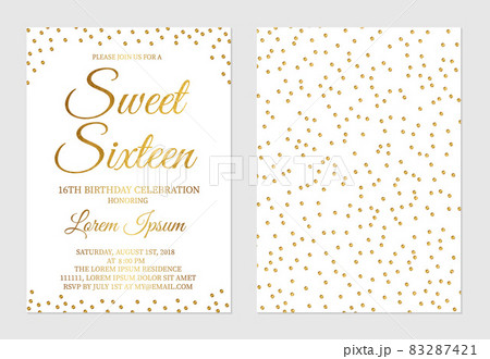 Gold glitter confetti Sweet Sixteen invitation card front and back side. Golden polka dots girl s 16th birthday party invite flyer. Gold glitter confetti Sweet Sixteen invitation card front and back side. Golden polka dots girl s 16th birthday party invite flyer. 83287421