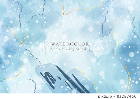 Abstract turquoise and teal blue liquid marbled watercolor background with golden lines and brush stains. Cyan alcohol ink marbled drawing effect. Vector illustration design template for wedding 83287456