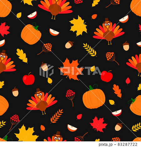 Thanksgiving day seamless pattern. Cute cartoon seasonal elements. Easy to edit vector template for greeting card, poster, banner, flyer, fabric, t-shirt 83287722