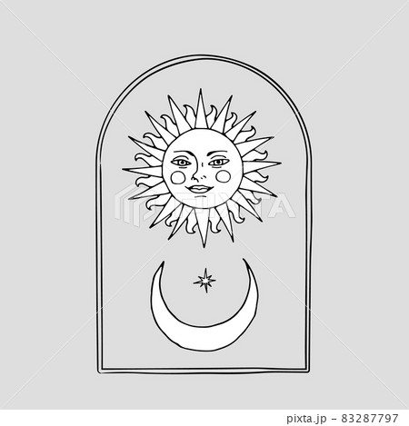 Vintage Mystic Sun and half Moon illustration with decorative arch Vintage Mystic Sun and half Moon illustration with decorative arch 83287797