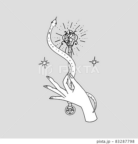 Vintage Mystic snake coiled around the magic wand hold in hand Vintage Mystic snake coiled around the magic wand hold in hand 83287798