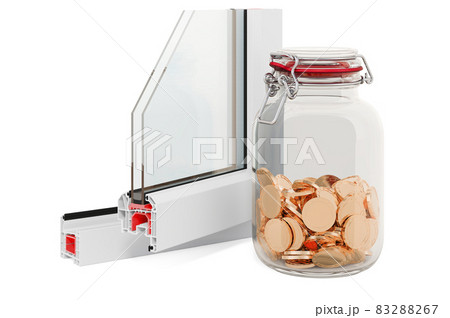 Plastic window profile with glass jar full of golden coins, 3D rendering Plastic window profile with glass jar full of golden coins, 3D rendering 83288267