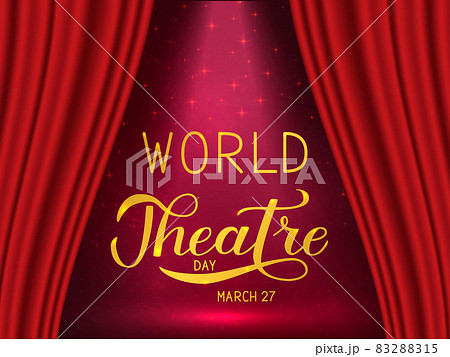 World theatre day hand lettering. Scene with red velvet curtain and spotlight. Vector illustration. Easy to edit template for greeting card, party invitation, banner, poster, flyer, sign, sticker. 83288315