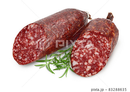 Smoked sausage salami isolated on white background with clipping path and full depth of field 83288635