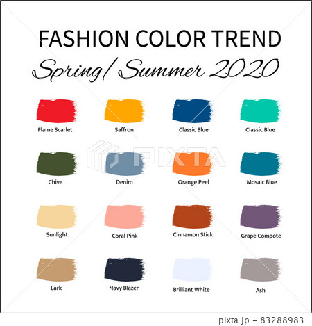 Fashion Color Trend Spring Summer 2020. Trendy colors palette guide. Brush strokes of paint color with names swatches. Easy to edit vector template for your creative designs. Fashion Color Trend Spring Summer 2020. Trendy colors palette guide. Brush strokes of paint color with names swatches. Easy to edit vector template for your creative designs. 83288983