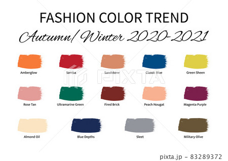 Fashion Color Trend Autumn Winter 2020 - 2021. Trendy colors palette guide. Brush strokes of paint color with names swatches. Easy to edit vector template for your creative designs Fashion Color Trend Autumn Winter 2020 - 2021. Trendy colors palette guide. Brush strokes of paint color with names swatches. Easy to edit vector template for your creative designs 83289372