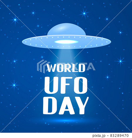 World UFO day lettering with flying saucer or spaceship in space background. Easy to edit vector template for typography poster, banner, flyer, sticker, etc. 83289470