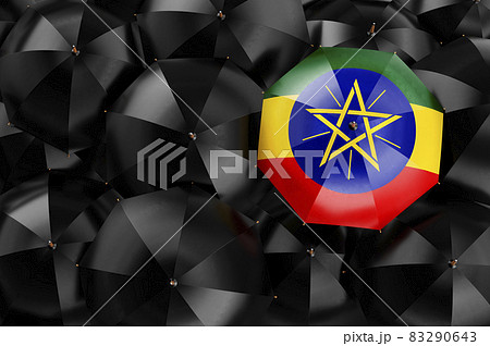 Umbrella with Ethiopian flag among black umbrellas, 3D rendering Umbrella with Ethiopian flag among black umbrellas, 3D rendering 83290643