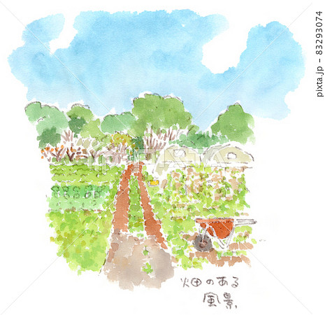 畑と一輪車。轍のある一本道が林に続いている風景。の水彩画イラスト 83293074