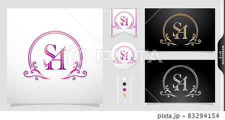 Set of label initial SH or HS letter, illustration of a emblem monogram. Circle gold, purple silver frame with ornament pattern. applicable for letterpress, embroidery, wedding invitation, and sign Set of label initial SH or HS letter, illustration of a emblem monogram. Circle gold, purple silver frame with ornament pattern. applicable for letterpress, embroidery, wedding invitation, and sign 83294154