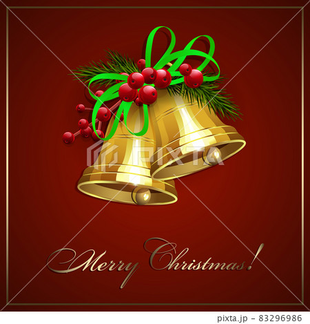 Red postcard, isolated golden shiny bells, spruce branches and red berries 83296986
