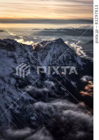 Aerial View of Canadian Rocky Mountains with snow on top 83297613