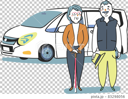 ワンボックスカーの前に立つ杖を持つ妻と夫のシニアカップル　イラスト素材 83298056