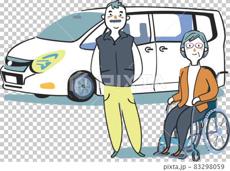 ワンボックスが―の前の車椅子に座る妻と夫のシニアカップル　セット　イラスト素材 83298059