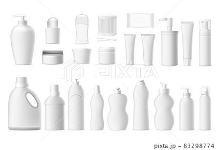 Cosmetic containers. Realistic white plastic bottles mockup for branding. Detergent and soap packaging. Moisturizer or lotion tubes. Household chemistry jars. Vector 3D packages set 83298774
