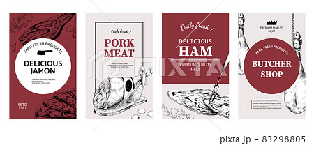 Jamon posters. Hand drawn restaurant menu cover with Spanish pork legs and slices. Italian parma and prosciutto pieces. Delicious ham. Vector butcher shop banners set with meat sketches 83298805