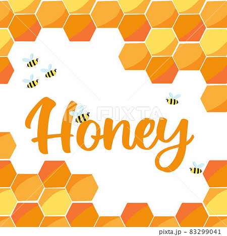 Hand drawn poster with honeycomb and bees. Honey store poster or postcard. Hand drawn poster with honeycomb and bees. Honey store poster or postcard. 83299041
