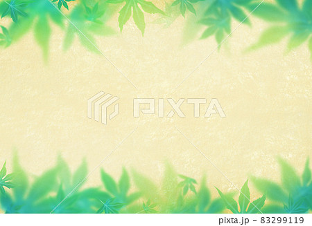 和紙を背景に上下を緑色のモミジが彩る背景フレーム素材 横 他色有 和紙を背景に上下を緑色のモミジが彩る背景フレーム素材 横 他色有 83299119