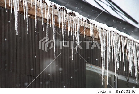 日本の冬の雪景色 萱葺き屋根の軒下の氷柱 斜め 日本の冬の雪景色 萱葺き屋根の軒下の氷柱 斜め 83300146