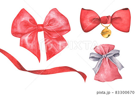 Red ribbons and cute bag. Watercolor for invitations, greetings, holidays and decor. 83300670