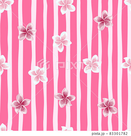 Cute plumeria flower seamless pattern on pink stripe background. Exotic tropical wallpaper. 83301782