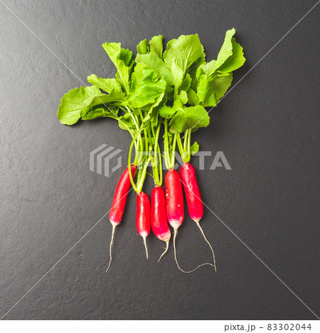Overhead shot of pink radishes. Top view Overhead shot of pink radishes. Top view 83302044