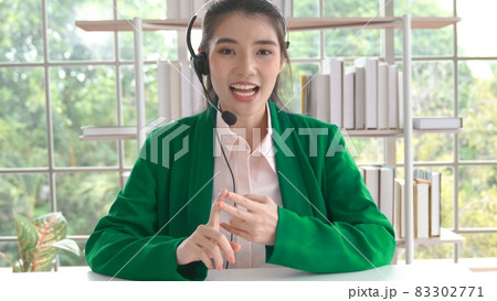 Video call camera view of businesswoman talks actively in videoconference 83302771