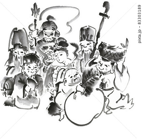 水墨画で描かれた七福神のイラスト素材 3031
