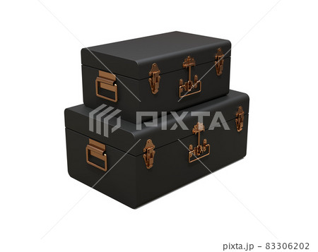 Set of two black leather suitcases with exquisite clasps. Classic premium design with centuries-old traditions. Modern new product in vintage style. 3d illustration. 83306202