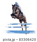 Jockey on horse. Black Horse. Champion. Horse riding. Equestrian sport. Jockey riding jumping horse. Poster. Sport. White background. Isolated watercolor Illustration 83306420
