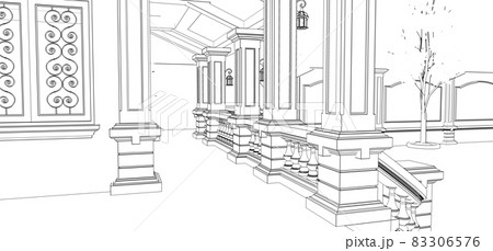 Large Asian-style villa with garden, pool and tennis court. The building and the territory in contour lines with soft scattered shadows. 3d illustration. 83306576