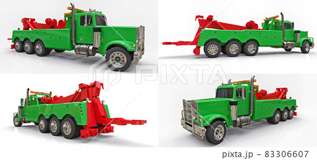 Set green cargo tow truck to transport other big trucks or various heavy machinery. 3d rendering. 83306607