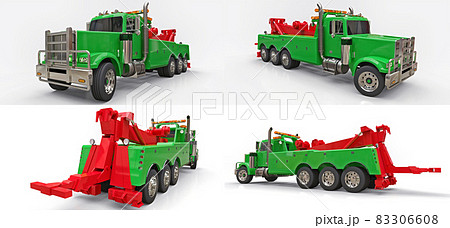 Set green cargo tow truck to transport other big trucks or various heavy machinery. 3d rendering. Set green cargo tow truck to transport other big trucks or various heavy machinery. 3d rendering. 83306608