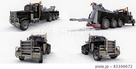 Set black cargo tow truck to transport other big trucks or various heavy machinery. 3d rendering. Set black cargo tow truck to transport other big trucks or various heavy machinery. 3d rendering. 83306672