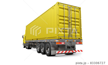 A large retro yellow truck with a sleeping part and an aerodynamic extension carries a trailer with a sea container. 3d rendering. A large retro yellow truck with a sleeping part and an aerodynamic extension carries a trailer with a sea container. 3d rendering. 83306727