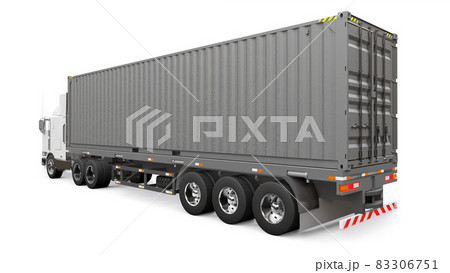 A large retro white truck with a sleeping part and an aerodynamic extension carries a trailer with a sea container. 3d rendering. A large retro white truck with a sleeping part and an aerodynamic extension carries a trailer with a sea container. 3d rendering. 83306751
