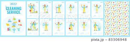 2022 vector annual calendar with cleaning company employees. 2022 vector annual calendar with cleaning company employees. 83306948