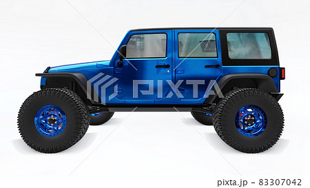Powerful blue tuned SUV for expeditions in mountains, swamps, desert and any rough terrain on white. Big wheels, lift suspension for steep obstacles. 3D illustration on white background. 3d rendering. Powerful blue tuned SUV for expeditions in mountains, swamps, desert and any rough terrain on white. Big wheels, lift suspension for steep obstacles. 3D illustration on white background. 3d rendering. 83307042