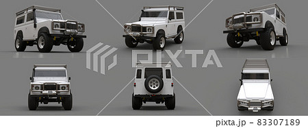 Set white old small SUV tuned for difficult routes and expeditions. 3d rendering. 83307189
