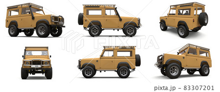 Set beige old small SUV tuned for difficult routes and expeditions. 3d rendering. 83307201
