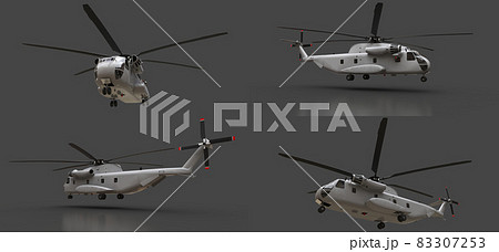 Set military transport or rescue helicopter on grey background. 3d illustration. Set military transport or rescue helicopter on grey background. 3d illustration. 83307253