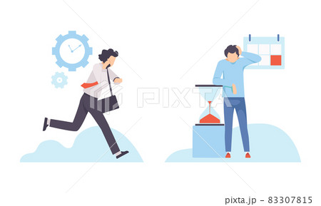 Young Man Running to Appointment and Watching Time Flowing in Hourglass Vector Set 83307815
